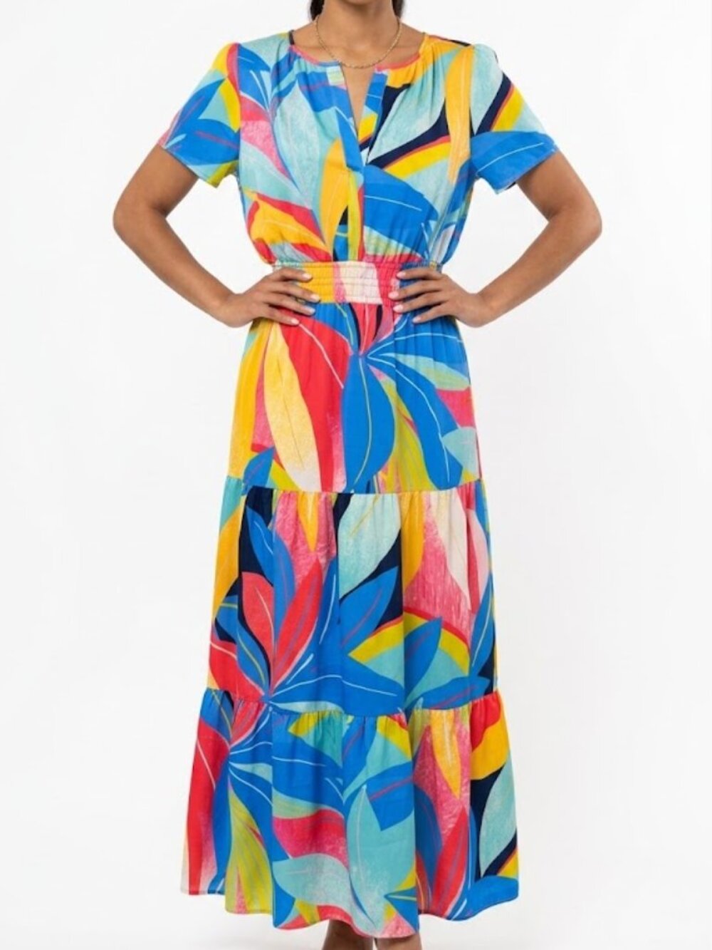 Chetta B Vibrant Abstract Print Smocked - Waist Maxi Dress Size 16